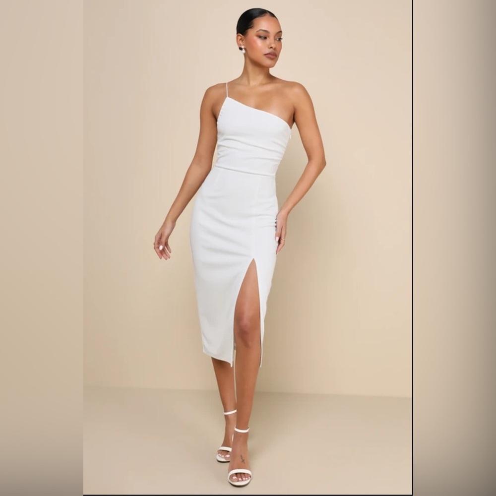 NWOT Lulu's Elegant Allure White One-Shoulder Midi Dress
